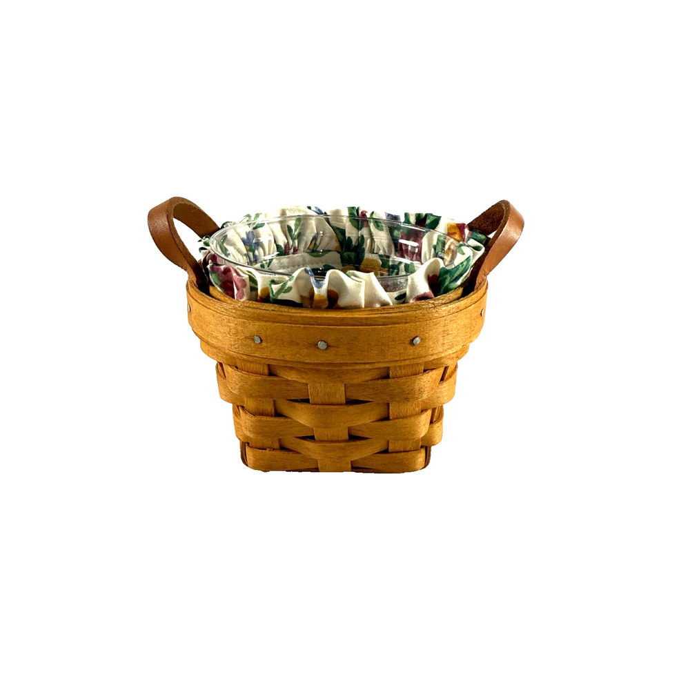 1995 Longaberger Thyme Basket w/Rose Garden Liner & Protector 2 Leather Handles